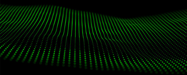 Wave of green particles. Abstract technology flow background. Sound mesh pattern or grid landscape. Digital data structure consist dot elements. Future vector illustration.