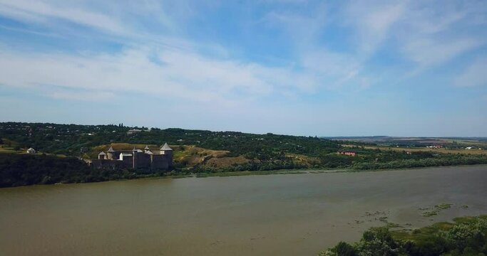Aerial view of old Khotyn medieval castle above the River. Ukraine