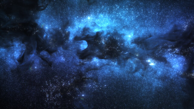 Blue Cosmos Background with Nebula Clouds and Stars. Galaxy Astronomy image showing a dramatic view of Outer Space. 3D render