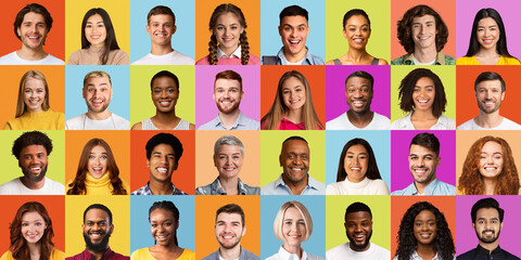 Collage Of Faces With Smiling Multiracial People On Colorful Backgrounds