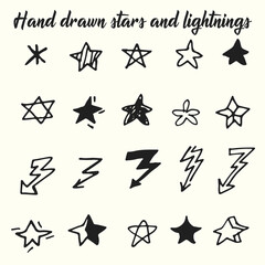 Vector hand drawn set of stars and lightnings icons. Doodle set.