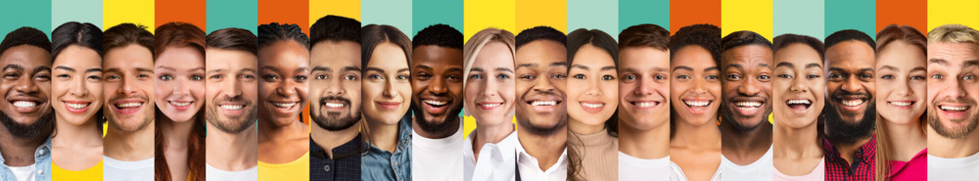 Row Of Multiple People Faces In Collage On Colorful Backgrounds