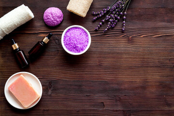Fototapeta na wymiar Flat lay of spa lavender treatments - cosmetic pharmacy products