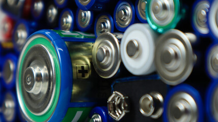 Lots of used household alkaline batteries type AA, AAA, PP3, D, C, collected for recycling....