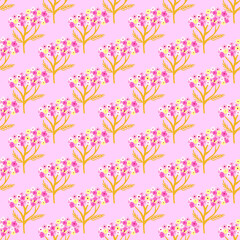 Vintage seamless pattern with botanic pink and yellow yarrow shapes on lilac background.