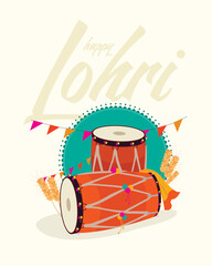 Fototapeta na wymiar Happy Lohri text with dhole and grain vector template design for Indian festive banner. 