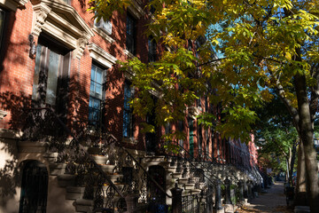 Naklejka premium Row of Colorful Old Brick Brownstone Homes with Trees and Shade during Autumn in Long Island City Queens New York