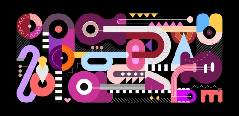 Foto op Canvas Geometrische stijl grafische illustratie, gekleurde platte ontwerp van muziekinstrumenten geïsoleerd op een zwarte achtergrond. Abstracte kunstsamenstelling van elektrische gitaar, akoestische gitaren, trompet en saxofoon. ©  danjazzia