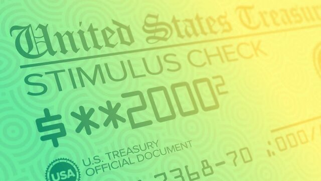 A stylized background animation of a fictional United States stimulus check. The Biden administration pushed for $2000 checks during the COVID-19 pandemic.	