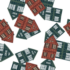 Isolated seamless architecture cartoon pattern with green and maroon house ornament. White background.