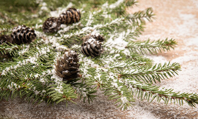 Tree branch with cones in the snow on a wooden tinted board