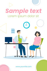 Pregnant woman consulting doctor in his office. Gynecologist talking to expecting patient. Vector illustration for prenatal care, examination, medical checkup concept
