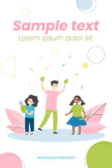 Happy kids with fruits. Children holding banana, apples, pineapple, strawberry flat vector illustration. Healthy snack, fresh organic food concept for banner, website design or landing web page