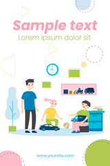 Happy children playing in room together. Toy, car, fun flat vector illustration. Game and childhood concept for banner, website design or landing web page