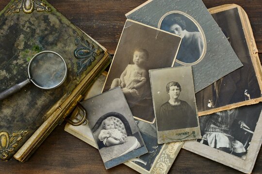 Old photo album and historical photos of family.