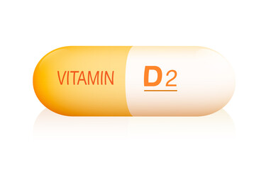 D2 capsule, symbolic for artificial, synthetic or natural supplement for vegetarians and vegans to prevent lack of vitamins. Illustration, white background.
