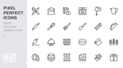 Bakery line icon set. Baking tool - confectionery bag, dough roll, cake decorating, pastry ingredient minimal vector illustration. Simple outline sign of cooking. 30x30 Pixel Perfect, Editable Stroke