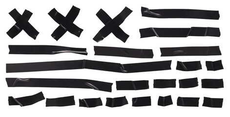 Black adhesive tape, set of different size sticky tape, insulating materials on white background