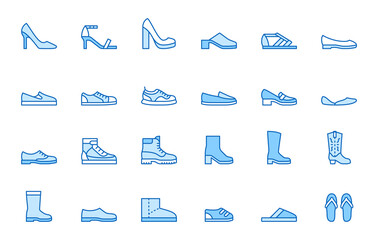 Fototapeta na wymiar Shoe line icon set. High heels sandal, cowboy boots, hiking footwear, sneakers, slipper minimal vector illustrations. Simple outline signs for fashion application. Blue color, Editable Stroke