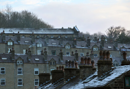 traditional terraced houses covered in snow in hebden bridge west yorkshire