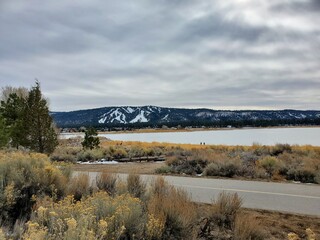 Obraz premium Big Bear, CA cloudy sky, cold air, snow, forest, big bear lake