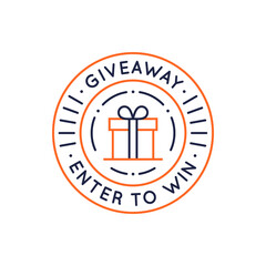 Giveaway stamp, badge, label, icon. Enter to win circle icon with gift box for social media, web design. Vector illustration. 