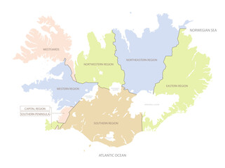 Location map of Iceland in Europe with administrative divisions of the country, detailed vector illustration