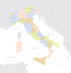 Location map of Italy in Europe with administrative divisions of the country, detailed vector illustration
