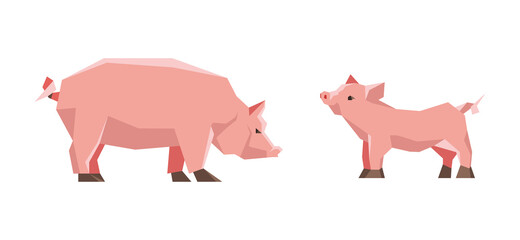 Low poly Pig and piggy isolated on white background. Pork, pig silhouette. Trendy flat style. Livestock, farm animal. Graphics for butchery, grocery store, farmer's market. Vector illustration