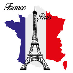 Eiffel tower. Paris, capital city of France. Emblem icon with tricolor flag on french map. Vector illustration.