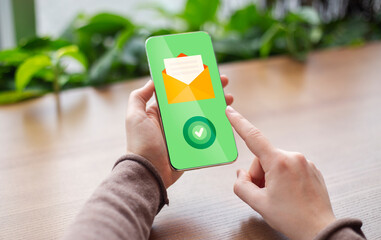 Email Communication. Woman Holding Smartphone With Opened Envelope Icon And Check Mark
