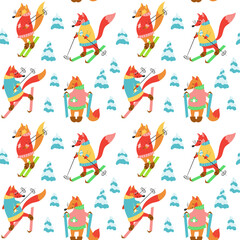 Seamless pattern with colorful foxes in sweaters on skis. Animalistic vector background. Can be used for wallpapers, pattern fills, textile, surface textures.