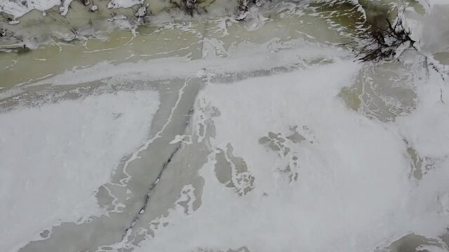 vue a&eacute;rienne d'une rivi&egrave;re glac&eacute;e en hiver