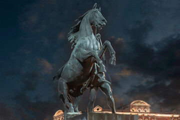 St. Petersburg. Russia - 19 дукабря 2020 года - a magnificent sculpture of the taming of a horse by Peter Klodt on the Anichkov bridge, built in 1841