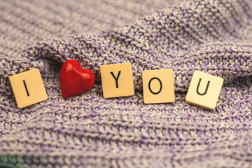 I love you composition with words, Valentine's Day theme or concept on background of knitted sweater, red heart copy space