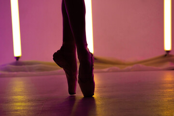 Graceful ballerina is dancing a classical ballet in white pointe shoes against a background of bright neon lights. Silhouette of the slender legs of a dancer on tiptoe close up. © kinomaster