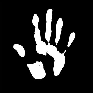 The white hand print icon is an isolated element on a black background for your design template. Vector design.