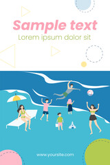 People relaxing on beach. Happy tourists bathing in sea water, getting tan flat vector illustration. Vacation, summer, outdoor activity concept for banner, website design or landing web page