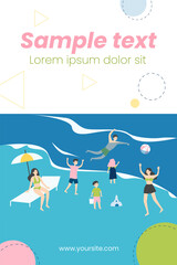 Fototapeta premium People relaxing on beach. Happy tourists bathing in sea water, getting tan flat vector illustration. Vacation, summer, outdoor activity concept for banner, website design or landing web page