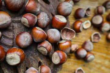 Top view Hazelnuts in nutshell, cracked nuts, wooden background.
