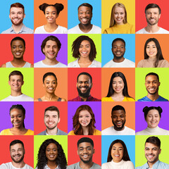 Collage Of Happy Multiethnic Young People Portraits On Colorful Backgrounds