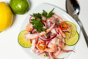 Typical Peruvian food, squid ceviche, shrimp and white fish with purple onion and a good tiger milk. Side view.