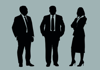 Business people group silhouettes pose on grey colour background, flat line vector and illustration.