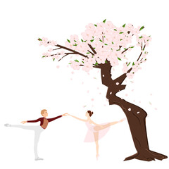 Cherry sakura blossom branch and ballet dancers, ballerina, falling petals, tree. Flowers and petals. Pink asian vector art.
