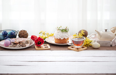 Festive table setting and decor for Easter copy space.