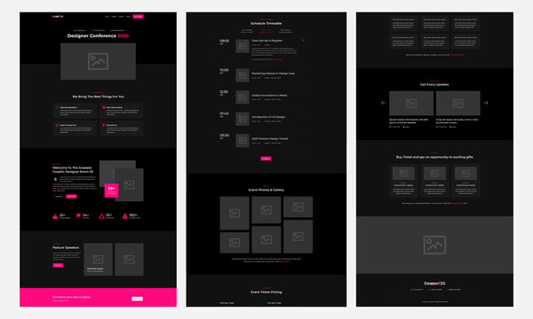 One page event management template. Landing page UX UI wireframe. Flat modern responsive design. website: home, feature about, speakers, schedule, gallery, pricing, testimonials, faq, blog, map.
