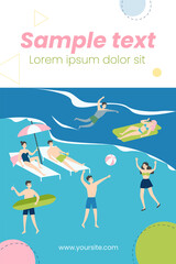 Happy young people enjoying leisure on beach. Crowd, tourist, sea, seaside flat vector illustration. Summer activities, vacation concept for banner, website design or landing web page