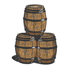 Wine beer wooden barrels engraving color vector illustration. Scratch board style imitation. Black and white hand drawn image.