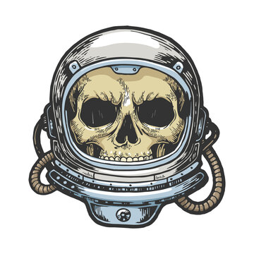 Human skull astronaut helmet sketch engraving color vector illustration. Scratch board style imitation. Hand drawn image.