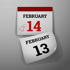 Realistic wall calendar with falling page revealing Valentine's day date
